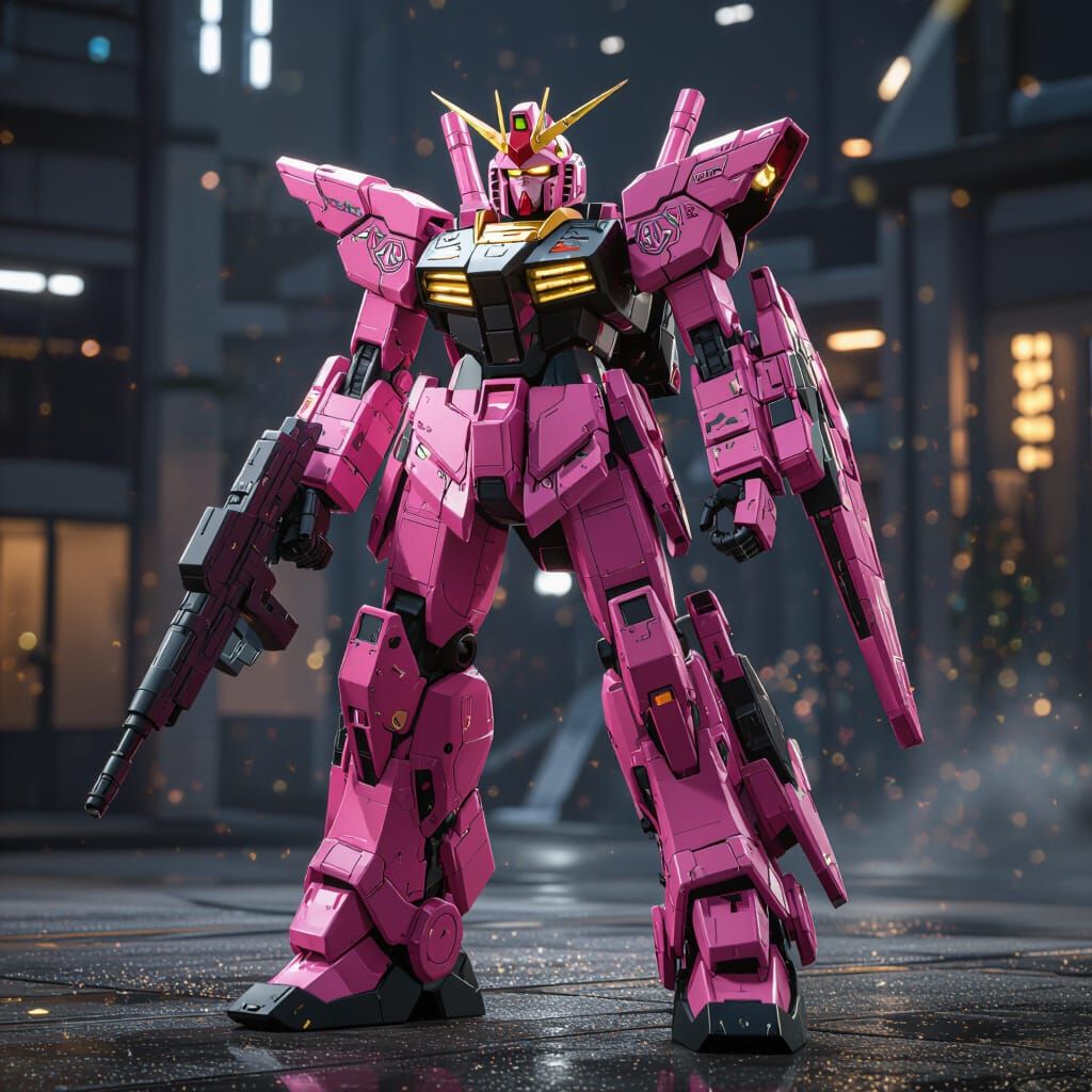 A 256 foot tall Gundam Mobile suit that is chameleon pink and black with massive armaments. It has a goldwing receptor on its forehead for t...