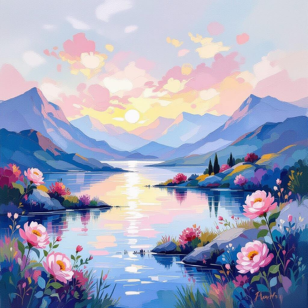 Magical Dreamlike Landscape in Pink, Blue, and White