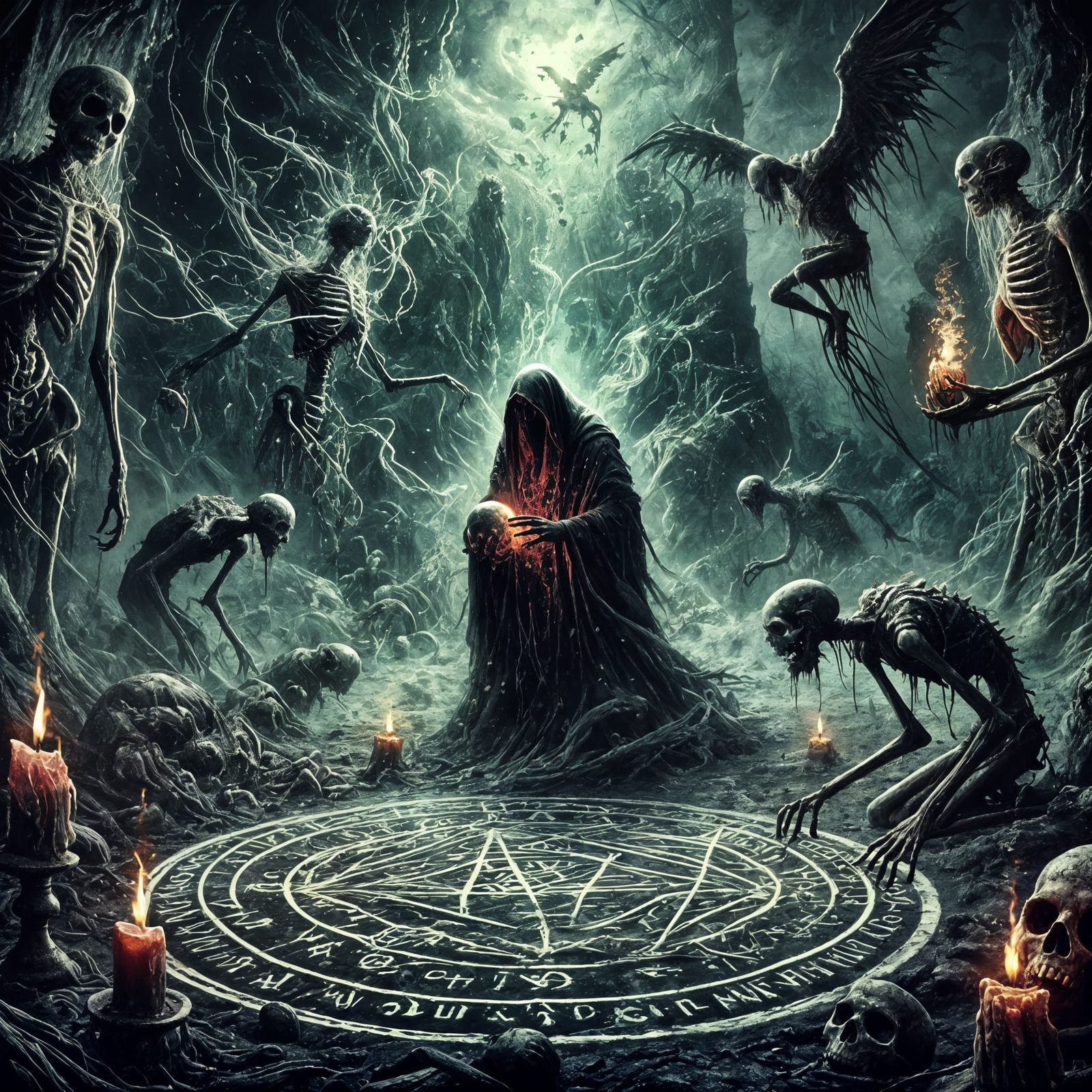 Here is a darker and more unsettling depiction of the necromancer scene. Let me know if you'd like any changes or additi...