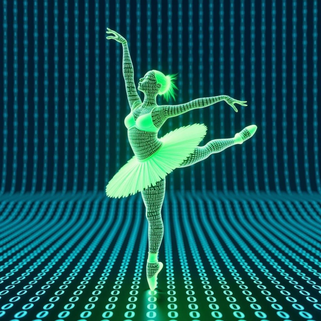 Glitchcore image (((Binary code dream))) background, (((double exposure: transparent bioluminesenty glowing holographic ballerina entirely m...