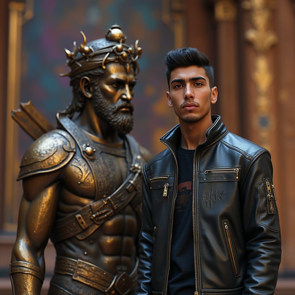 Heroic Israeli Moroccan Teenager Standing Beside a Bronze St...