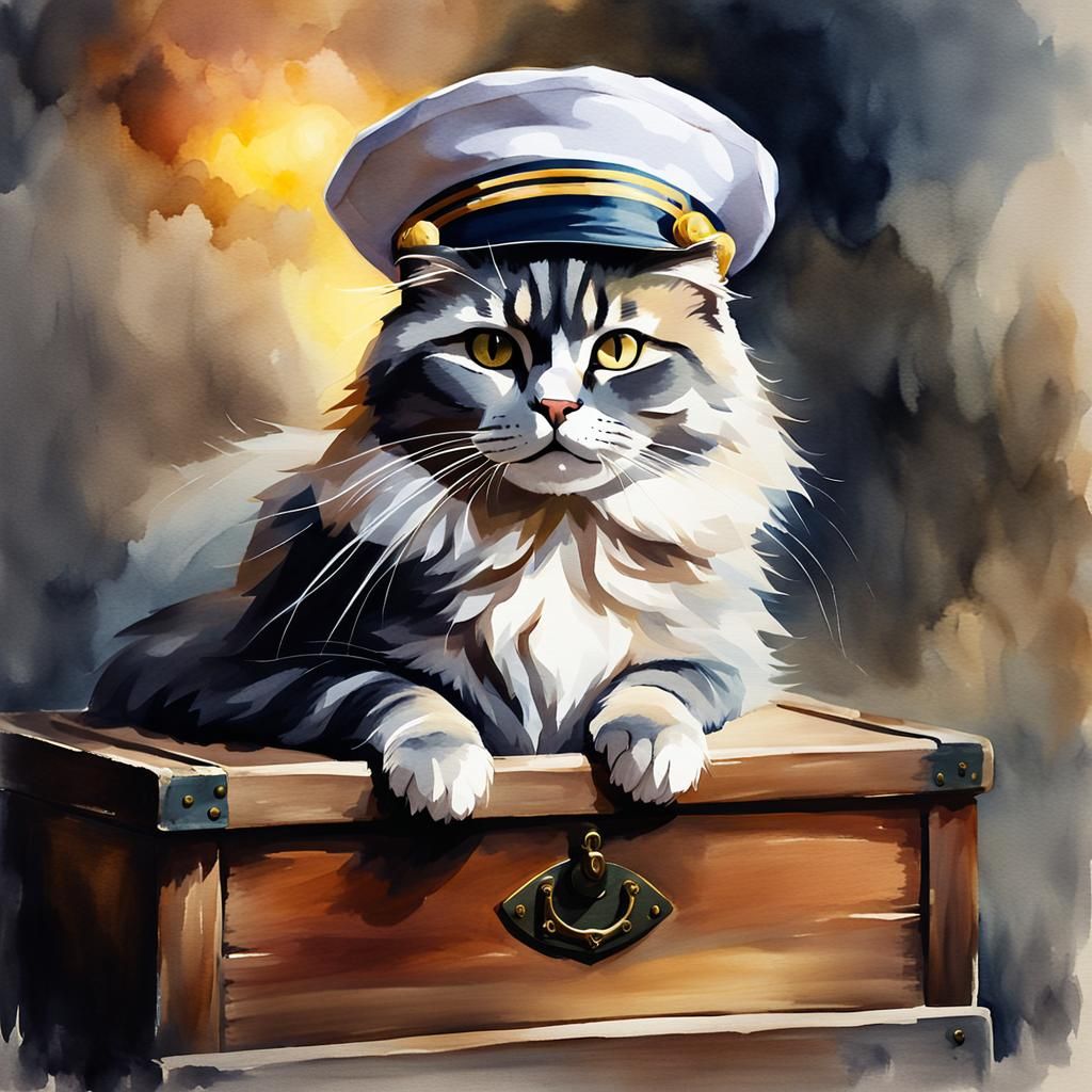 grumpy fluffy grey sailor cat realism
