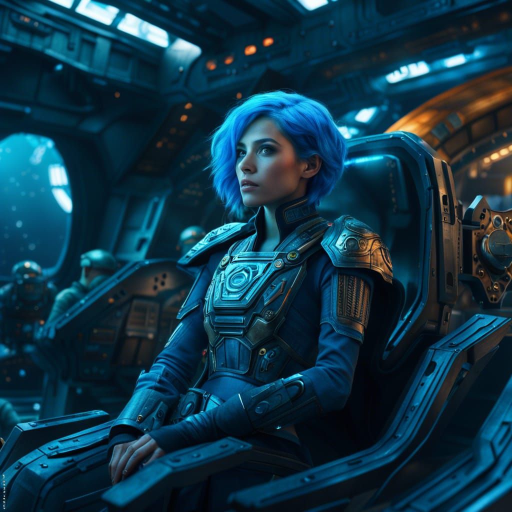 Future Princess with blue hair, on her starship with officers
