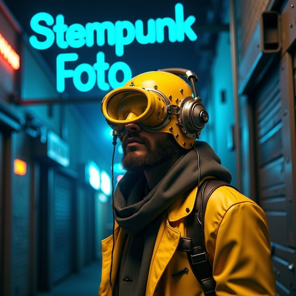 <lora:SteampunkFoto FL:1.0> album cover of a steampunk portrait of a man wearing a yellow plastic viso in an alley way, include the words '...