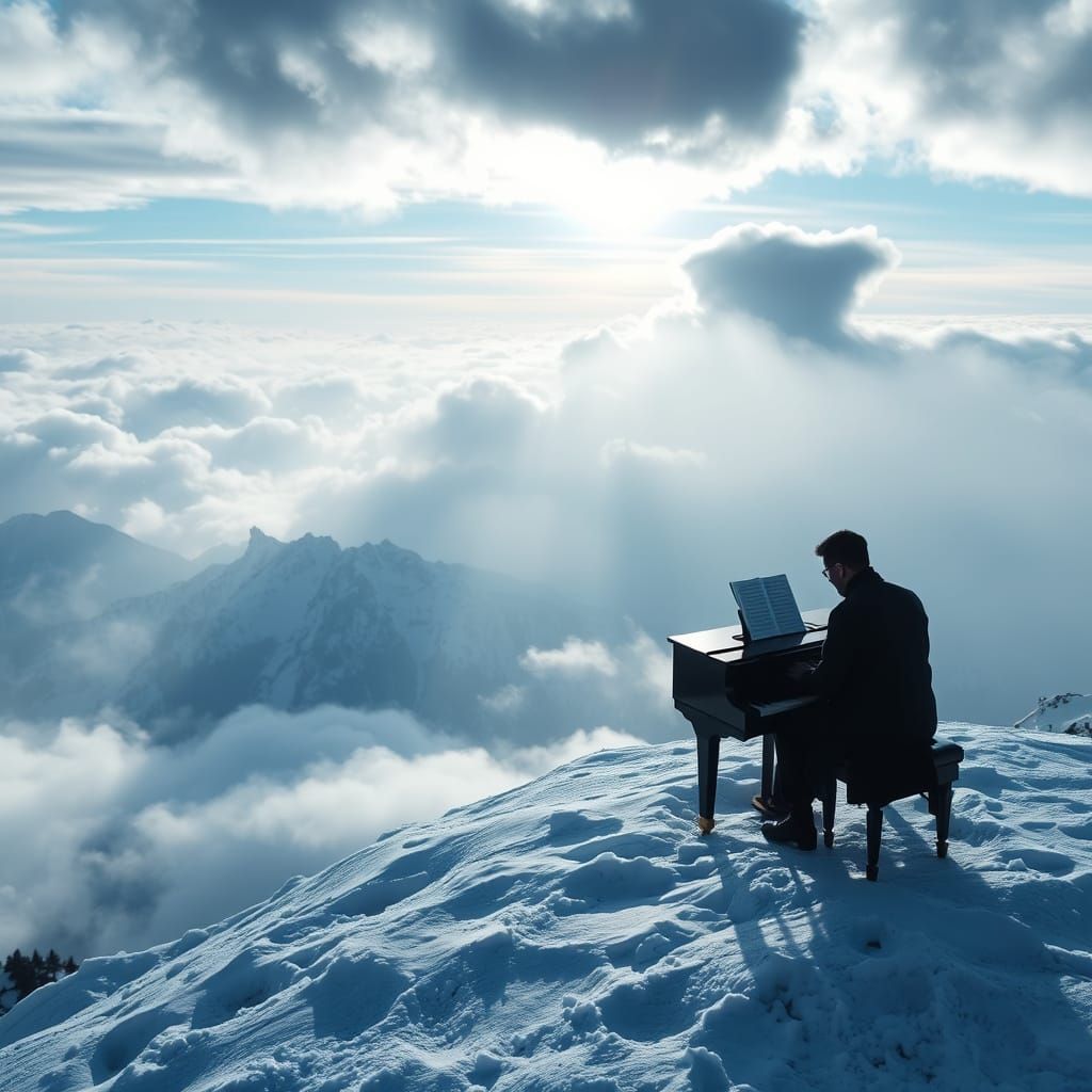 A dramatic, inspirational scene of a grand piano standing on the very edge of a snowy mountain peak. A lone pianist, dressed in dark simple ...