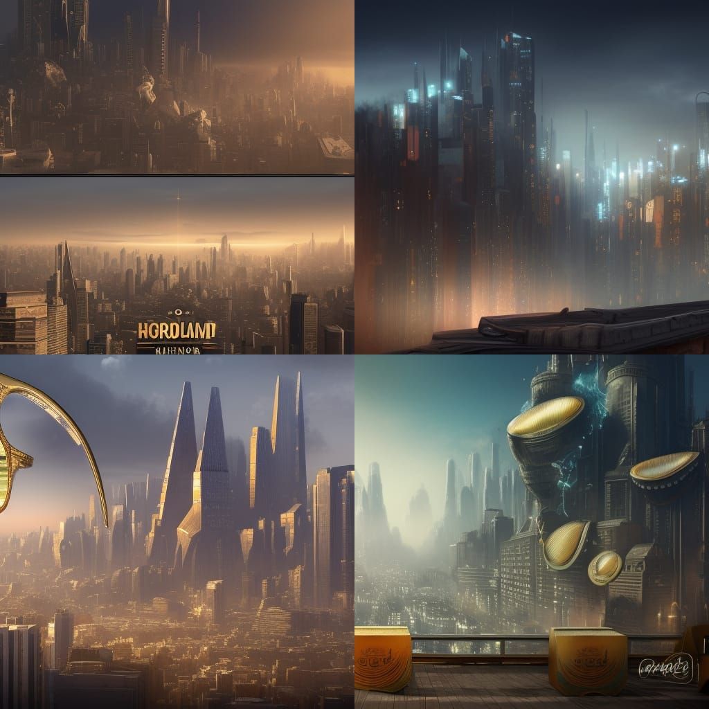 Large pair of glasses with a golden rim pictured on a billboard over a gray cityscape