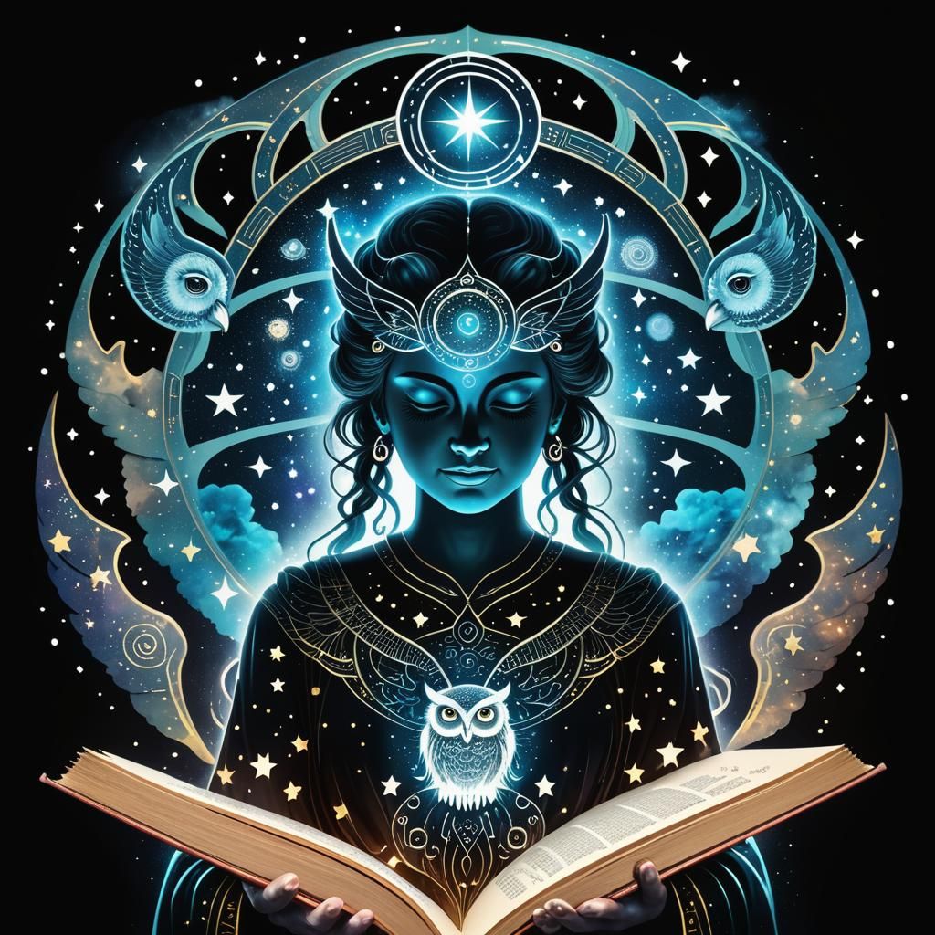 Cosmic Wisdom: Goddess Silhouette with Symbols of Knowledge  by @camilasg1910