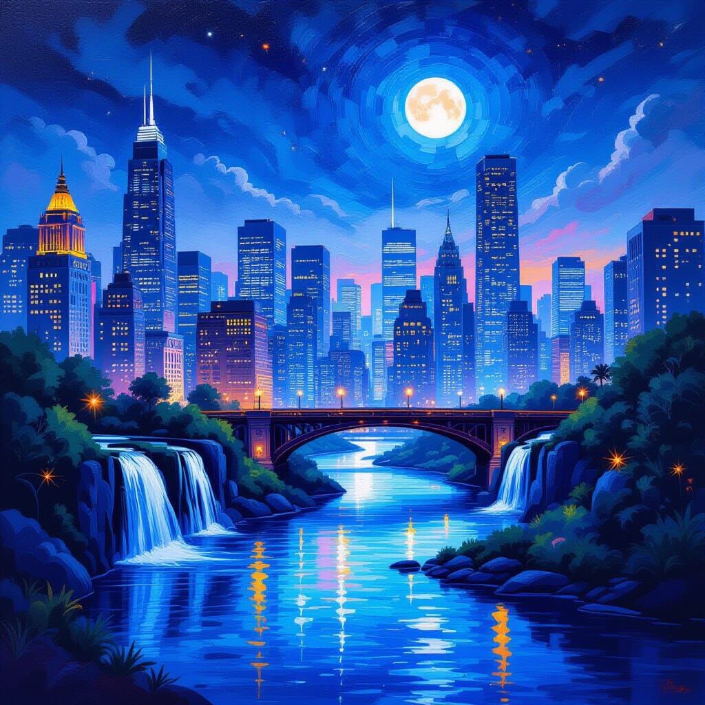 Neo-Impressionist Cityscape with Waterfalls and Dynamic Ligh...