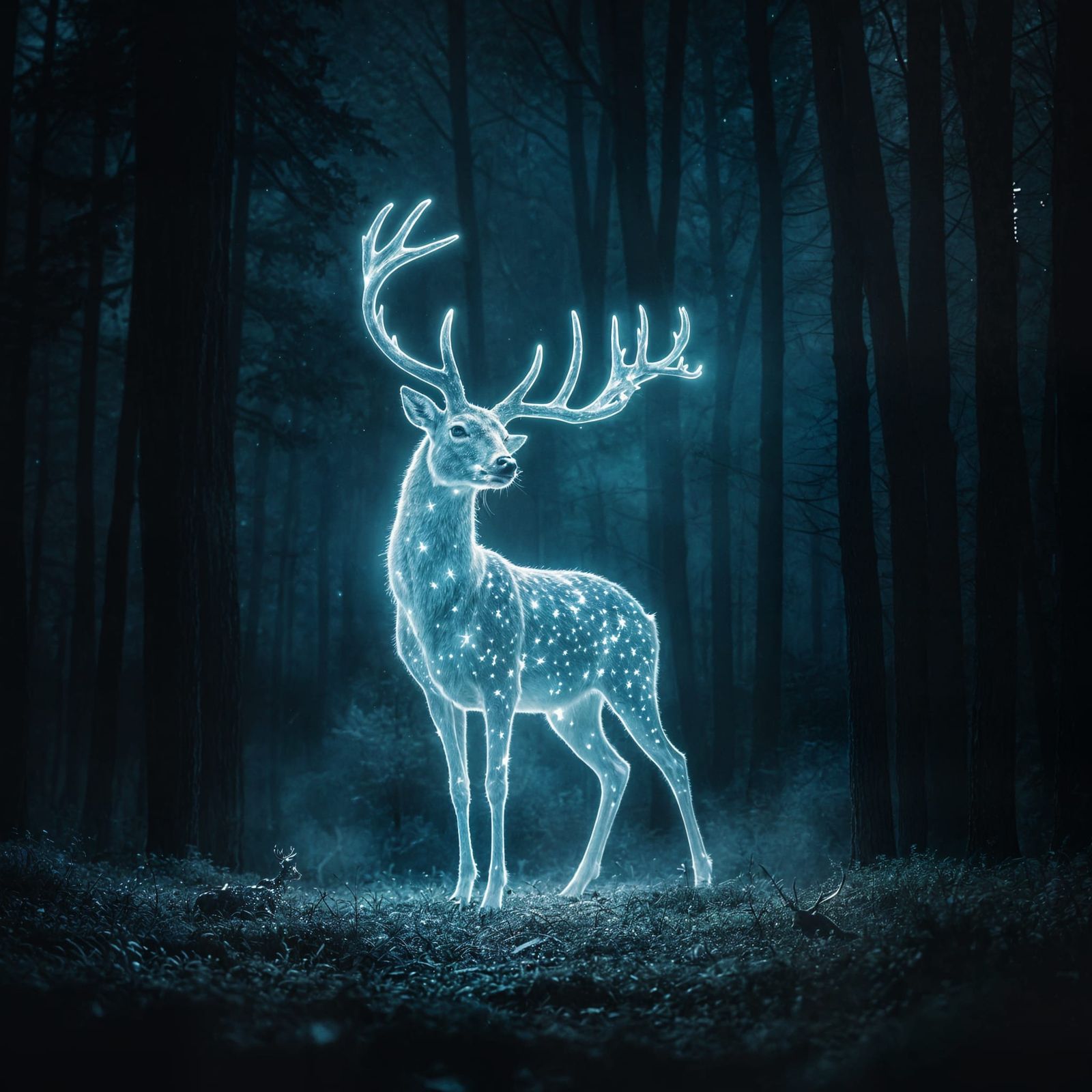 A deer made of soft starlight, in a dark forest, night scene, high contrast, magical, fantasy, adventure, ...  by @SirEdmund