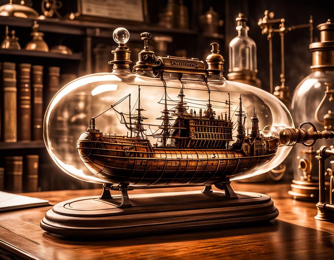Airship in a bottle sitting on a desk. AI Generated Artwork