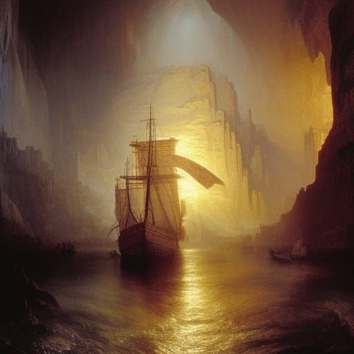 Victorian Ship in Cave: Dramatic Oil Painting