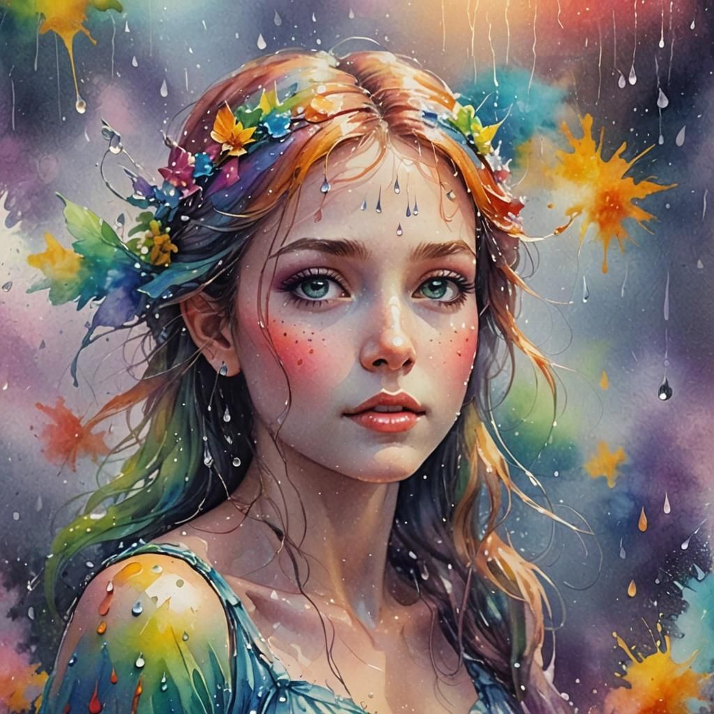 Vibrant Watercolor Fairy Painting Raindrops