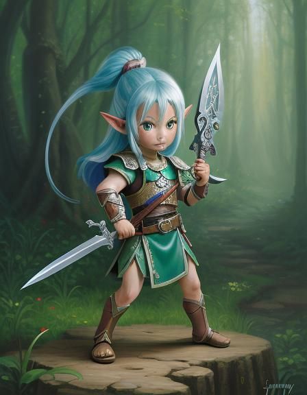 airbrush glossy  image of chibi kawaii warrior Elf holding a...