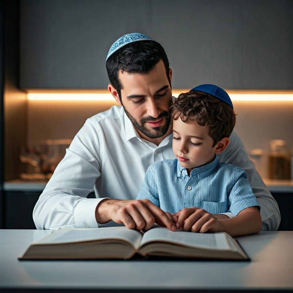 Father and Son Study Torah in Modern Kitchen