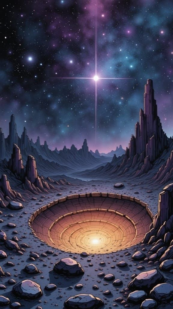 Fallen Star Crater - A small crater created by a falling star, filled with strange, glowing stones and a sense of cosmic energy.<lora:Sips o...