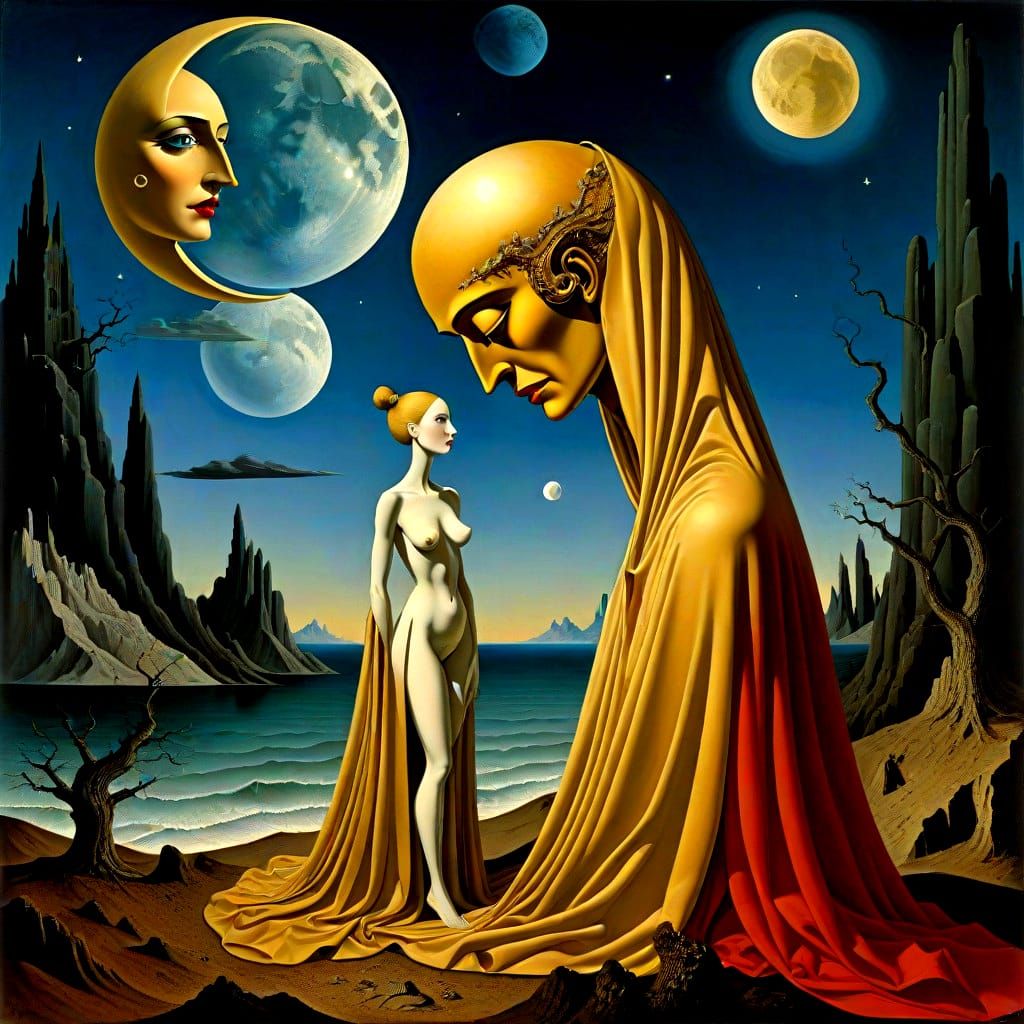 Ethereal Surrealism: Dazzling Gold Moonlit Scene