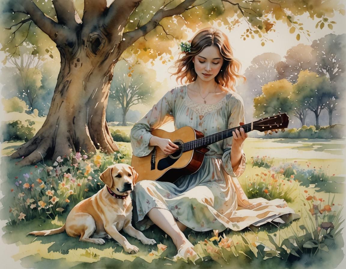 Meditation with a guitar and puppy  by @Pixel
