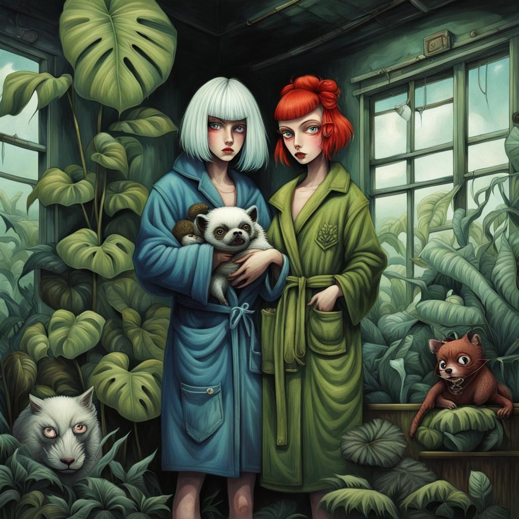 Two crazy looking women; one is a punk holding a sloth plush...