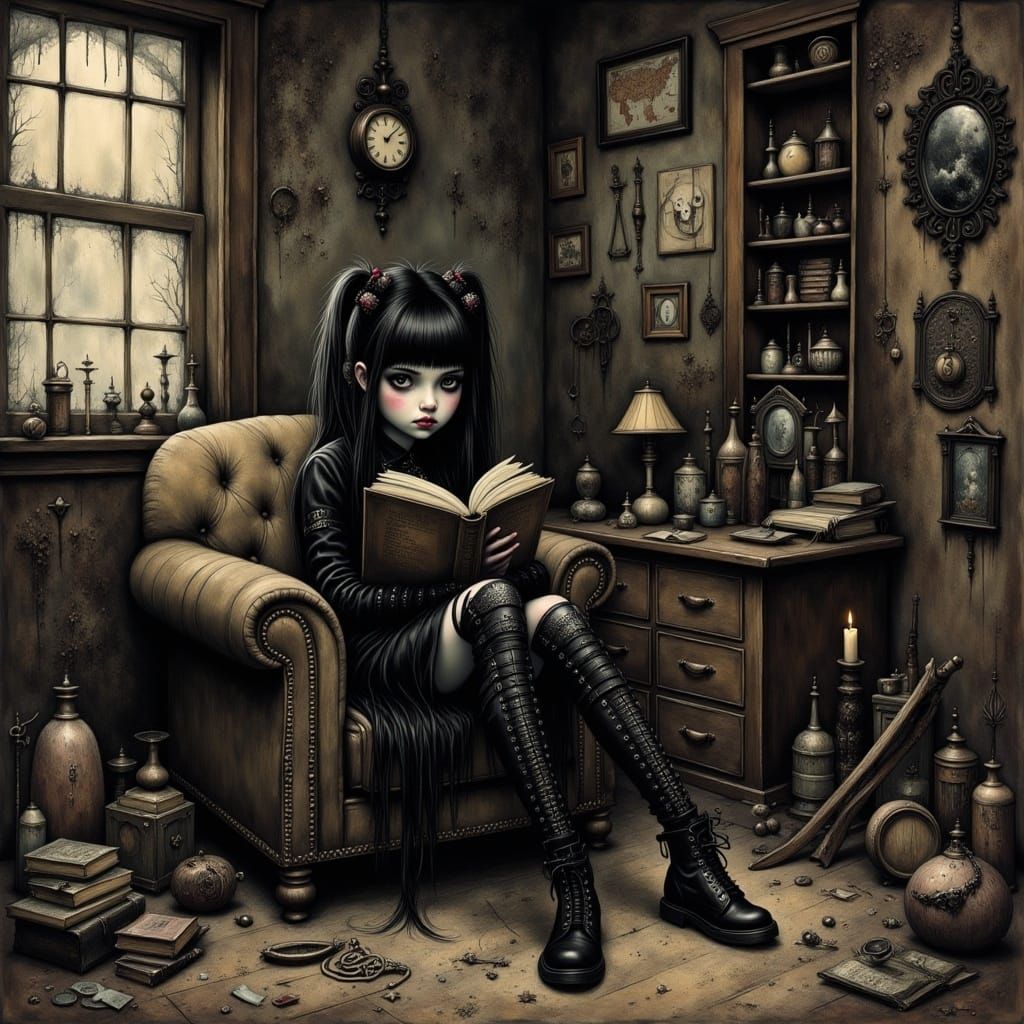 <lora:mf:1.0> Whimsical dark romanticism. Medium shot. A goth punk girl sits in a cluttered attic reading a book, surrounded by old trinkets...