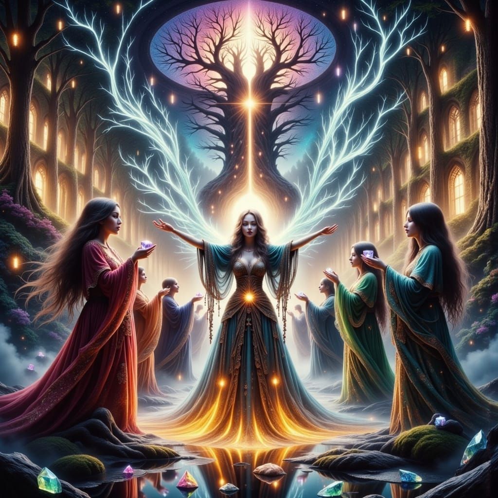 Mystical Forest at Dawn in Foggy Light