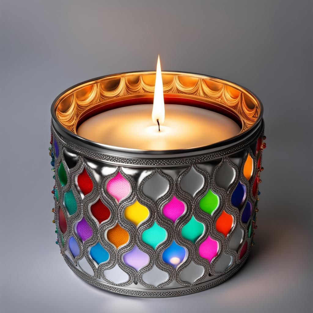 A silvery reflective drum filled with different colors of ignited ...