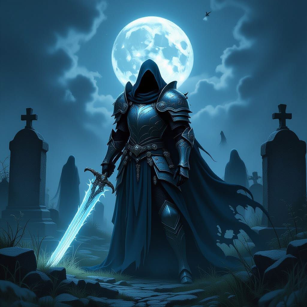 A spectral knight, clad in ethereal, glowing armor forged from moonlight and shadow, standing guard over a forgotten, overgrown cemetery. An...