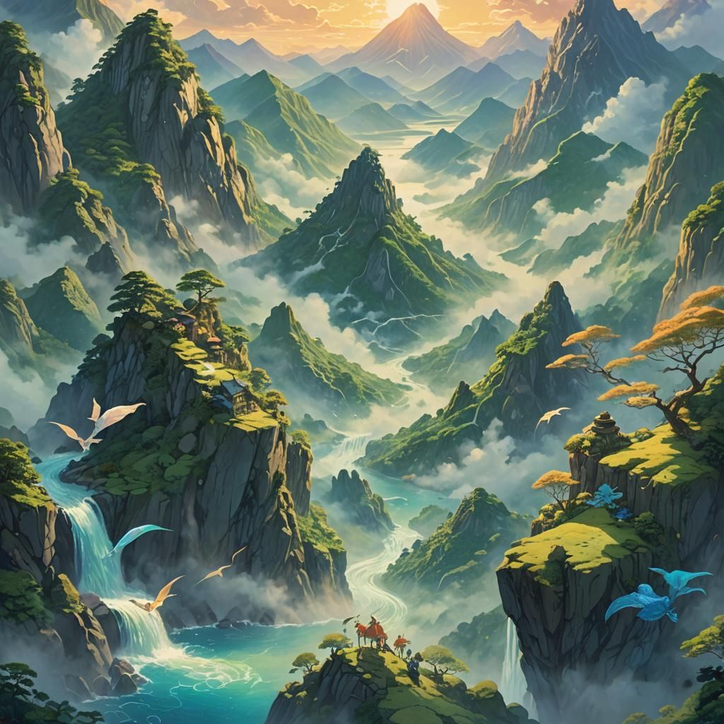 Magical Water Creatures in Mountain Landscape