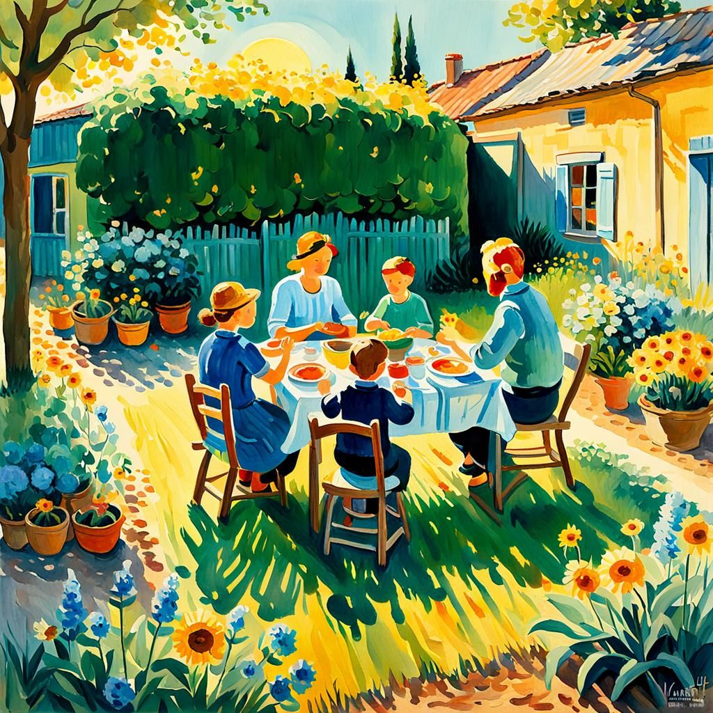 a happy family living on a farm has lunch happily