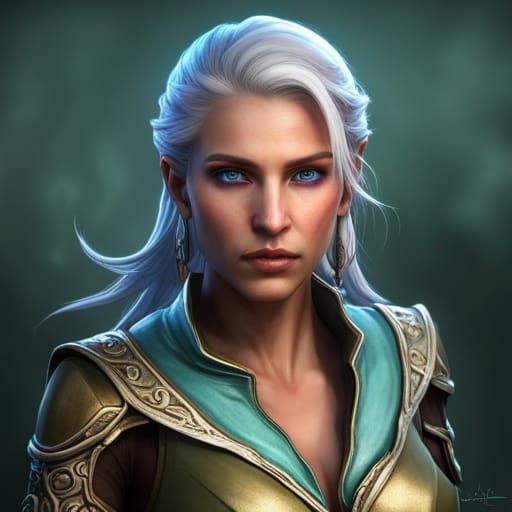 Water Genasi Female Ranger Green Eyes Blue Skin Silver Hair Young Ai