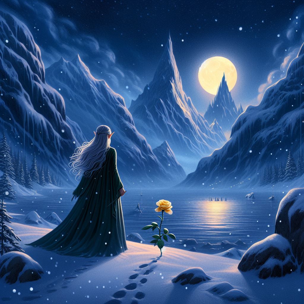 a elven woman walking through a moonlit valley with mountains on either side. a full moon is in the sky and snow covers ...