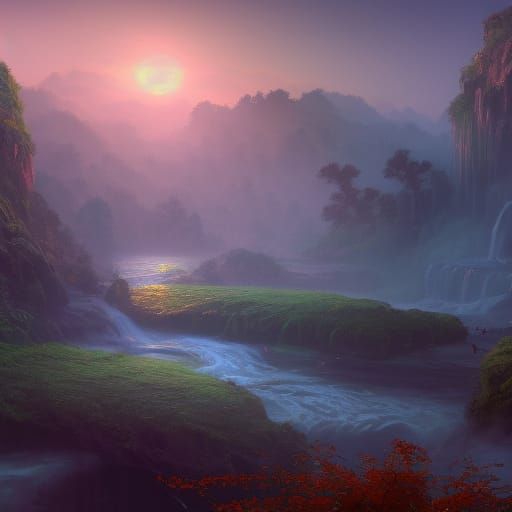 a water fall in the glaze of the sunrise