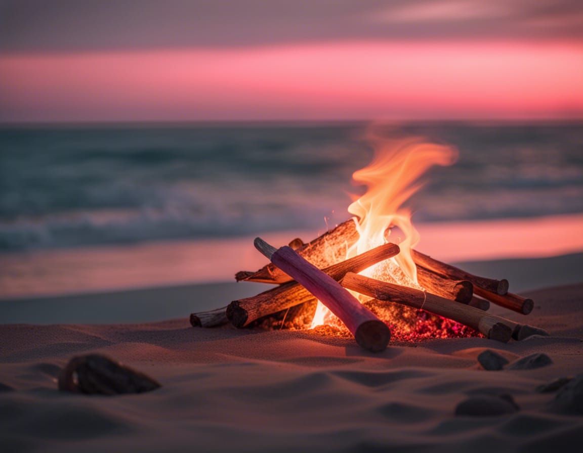 Dreamy bonfire on the beach calm ocean behind pink sunset ov...