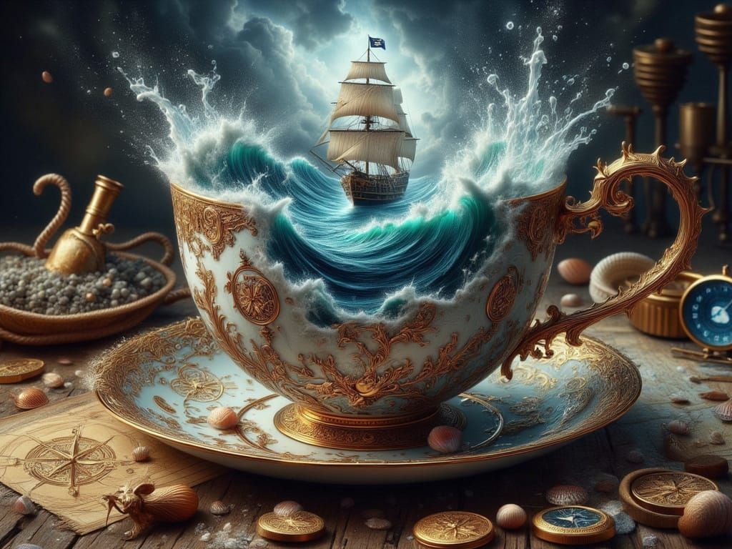 <lora:FiosTeacupRealms:1.0> Ship on stormy waters