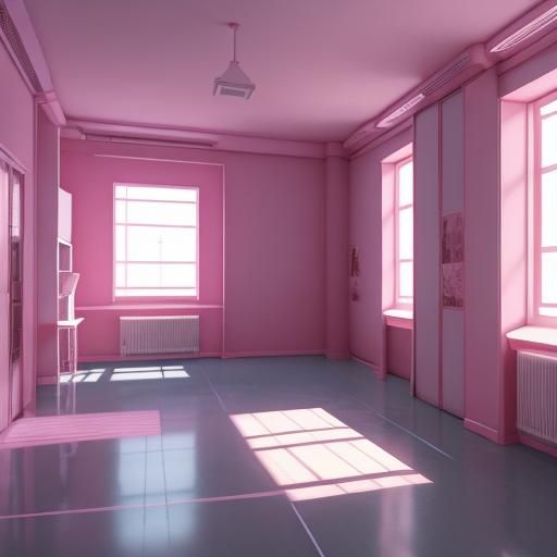 Liminal space type back rooms with Barbie pink walls. By art...