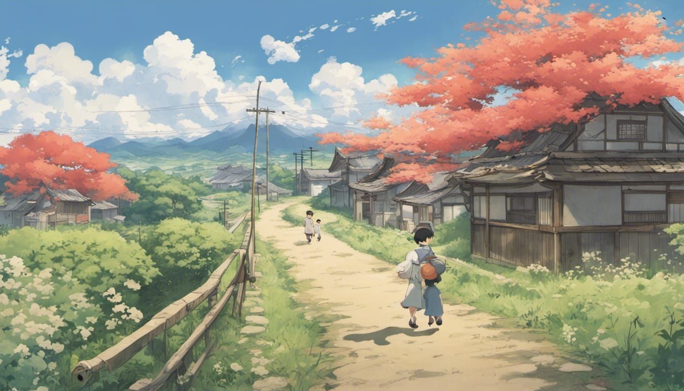 Studio ghibli, high definition anime cozy countryside house, with a stone  path leading up to it, located in a wide open field of green grass and  colorful wild flowers, lots of trees,