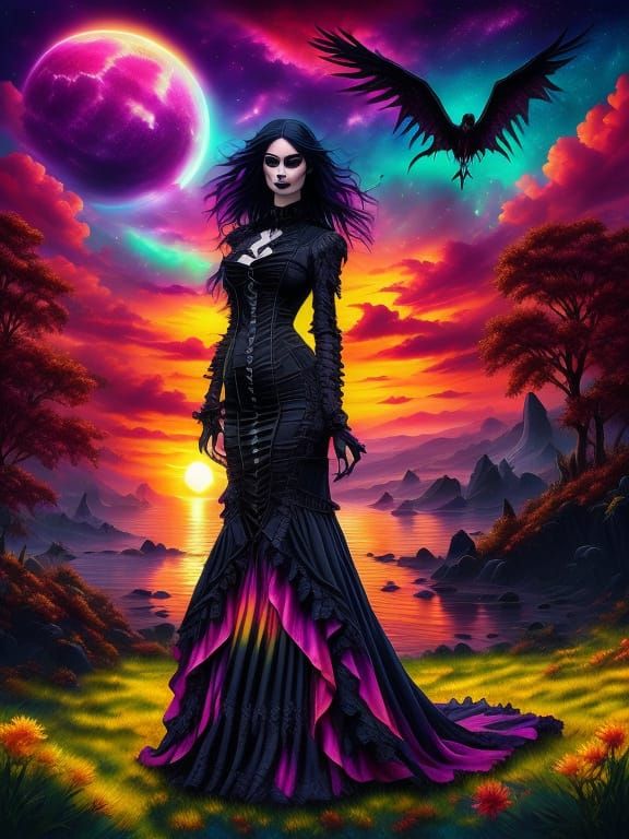 Gothic Beauty Amidst Vibrant Sunset Glory