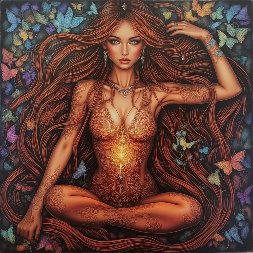 <lora:Night Breeze V2:1.0> <lora:Hand Drawn Bohemian:1.0> She beautiful women long cascading hair reddish brown and she is meditating you ca...