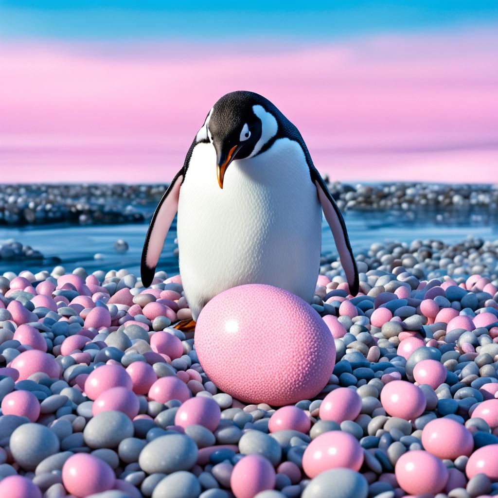 Pink Penguin Gazing at Egg, Monochromatic Scene