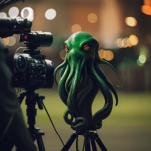 TV reporter interviewing Cthulhu