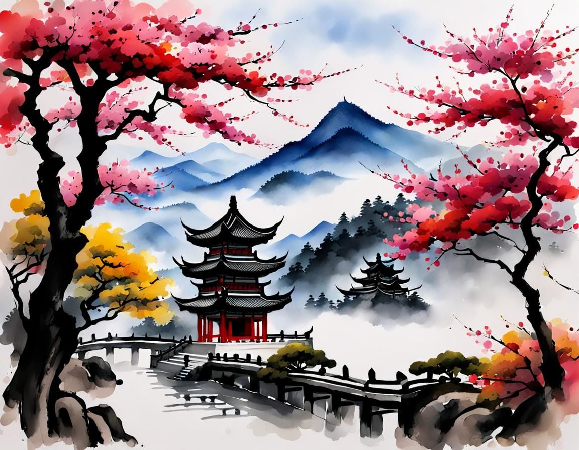 Chinese ink painting style, Red maple trees, sakura trees, in temple garden, mountains in the background ...  by @NyghtRaven