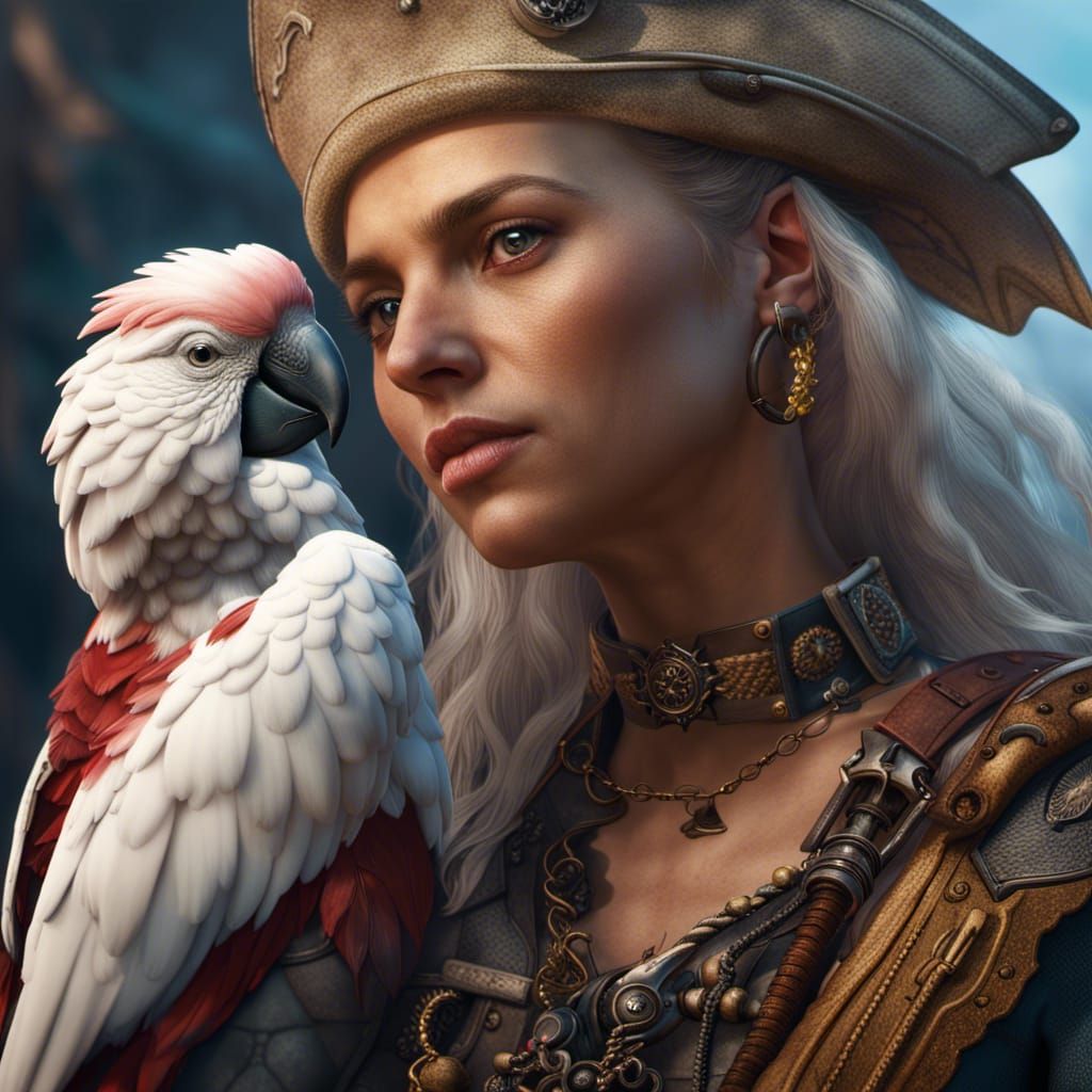 Moluccan cockatoo on a female pirate shoulder