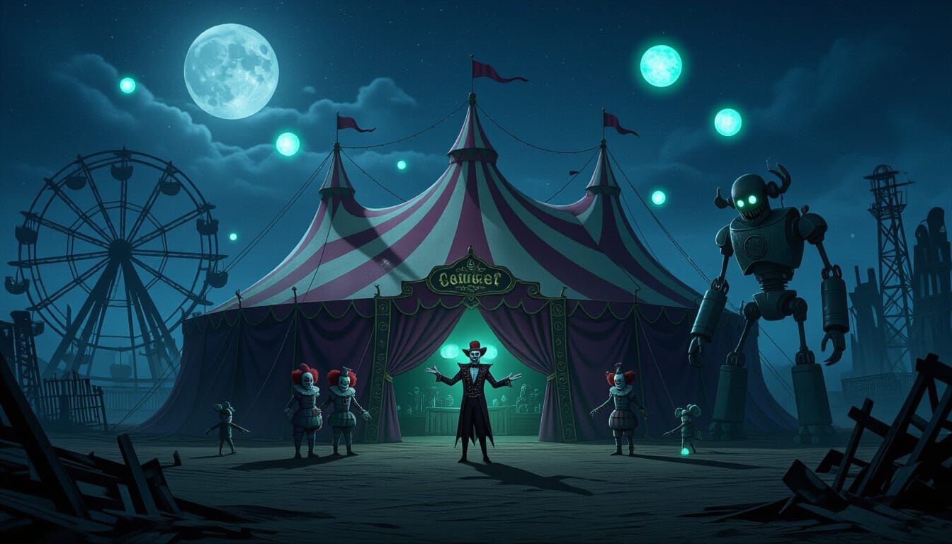 A villain’s secret base disguised as an abandoned, tattered circus tent, looming in the middle of a vast, moonlit desert. Around it stand th...