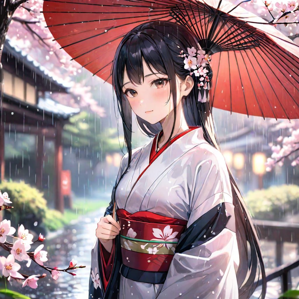 桜の中の和風美人