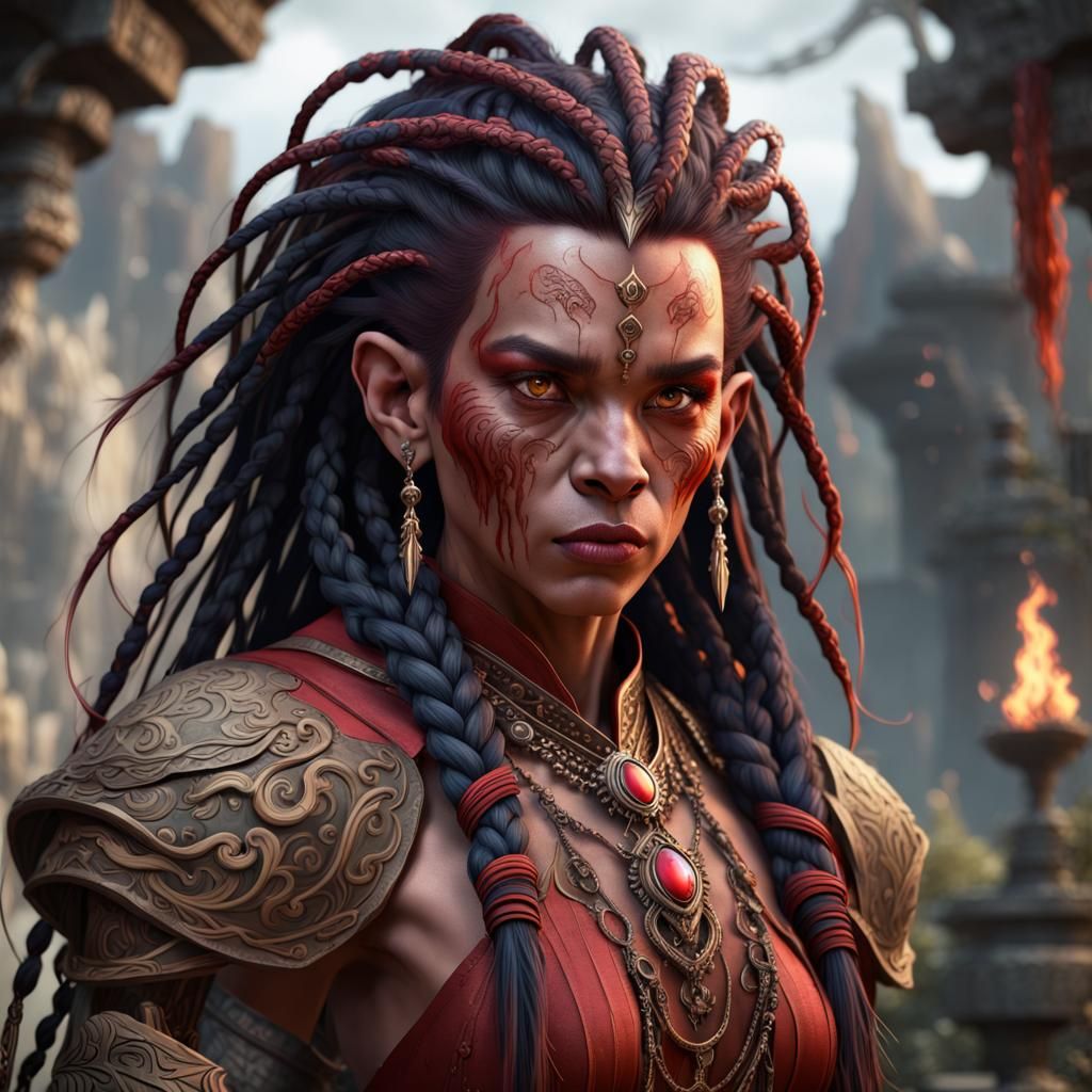 Hobgoblin, Red Skin, Red Face, Black Hair, Dreadlock, Elaborate Braids 