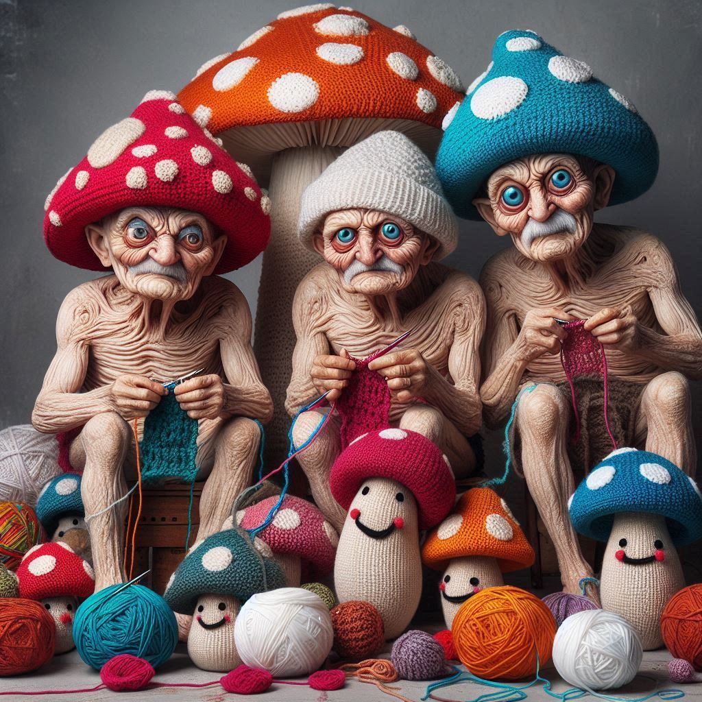 Crazy mushrooms sit in a group. Like old men, they crochet with colorful threads and the room is full of crocheted thing...
