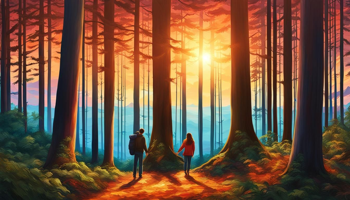 "love in the forest by the beach at sunset" split-complement...