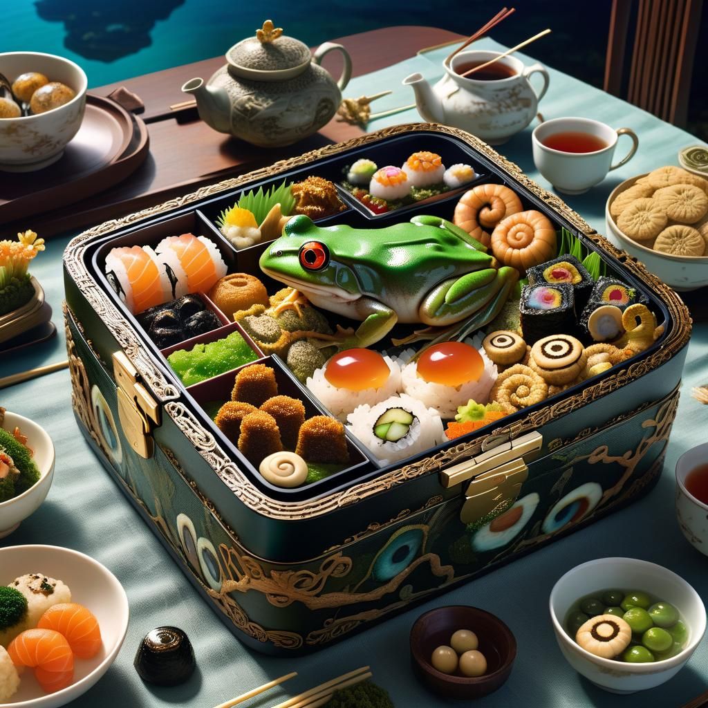frog bento with crispy snails, slimy slugs, jellyfish on ric...