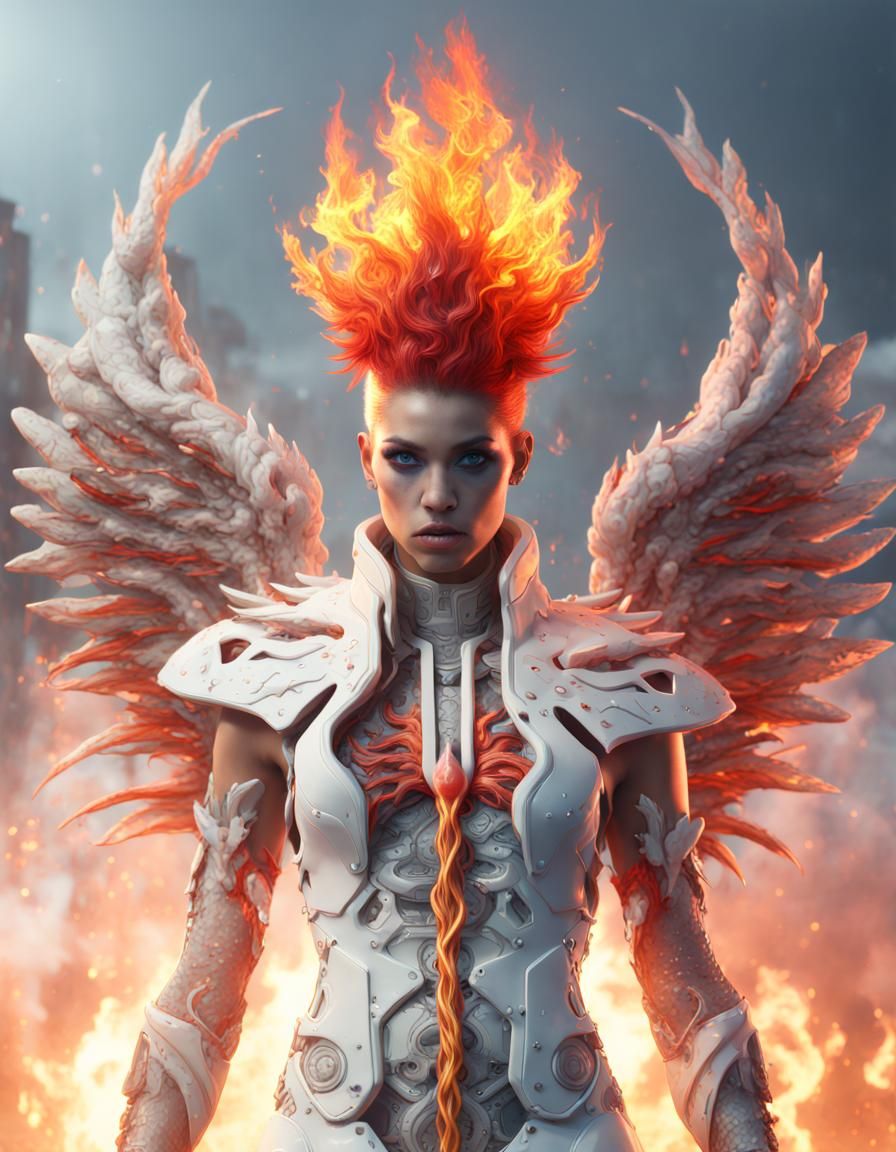caduceus model with flaming mohawk, white futuristic fashion grunge, cross hatching, detailed matte painting, ...  by @KaideusAkara