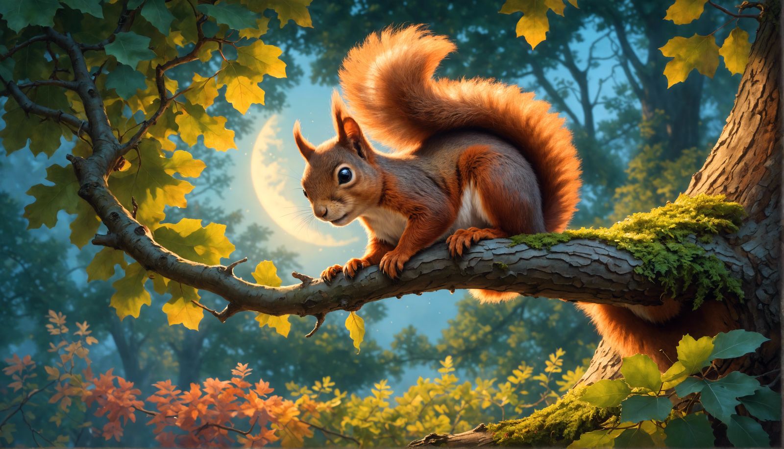Whimsical Night Scene with Squirrel in Matte Painting Style