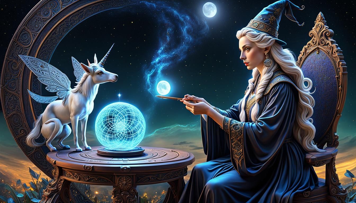 A wise sorceress is demonstrating the weaving of a spell of transfiguration.  by @Cynthia